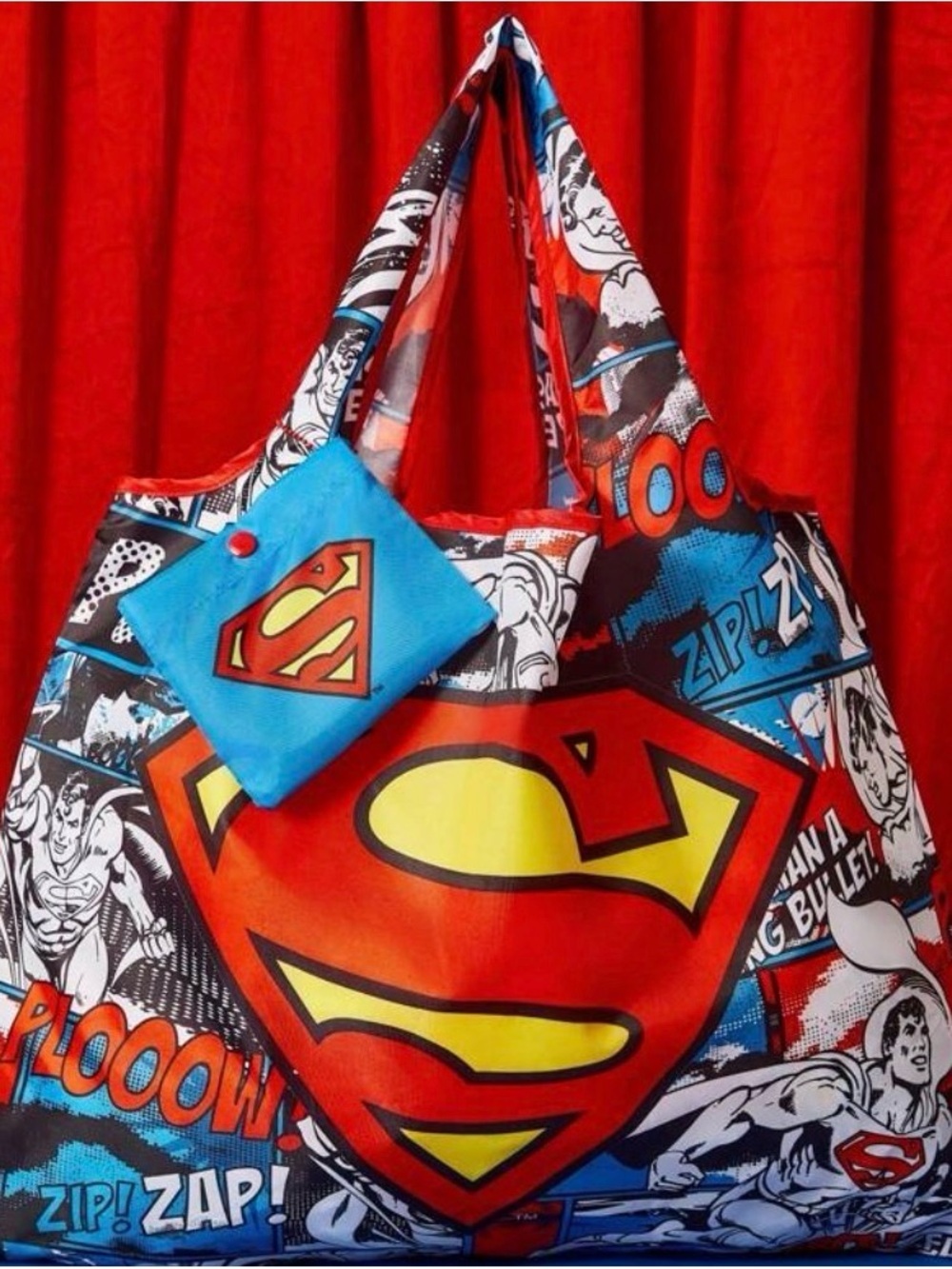 Superman Foldable Reusable Tote Bag with Matching Storage Pouch 15x19